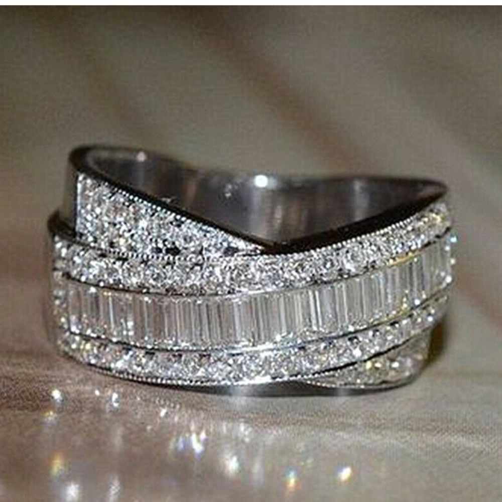 💍Sterling Silver (92.5) Criss Cross Baguette Eternity 2.6TWC Diamond Ring